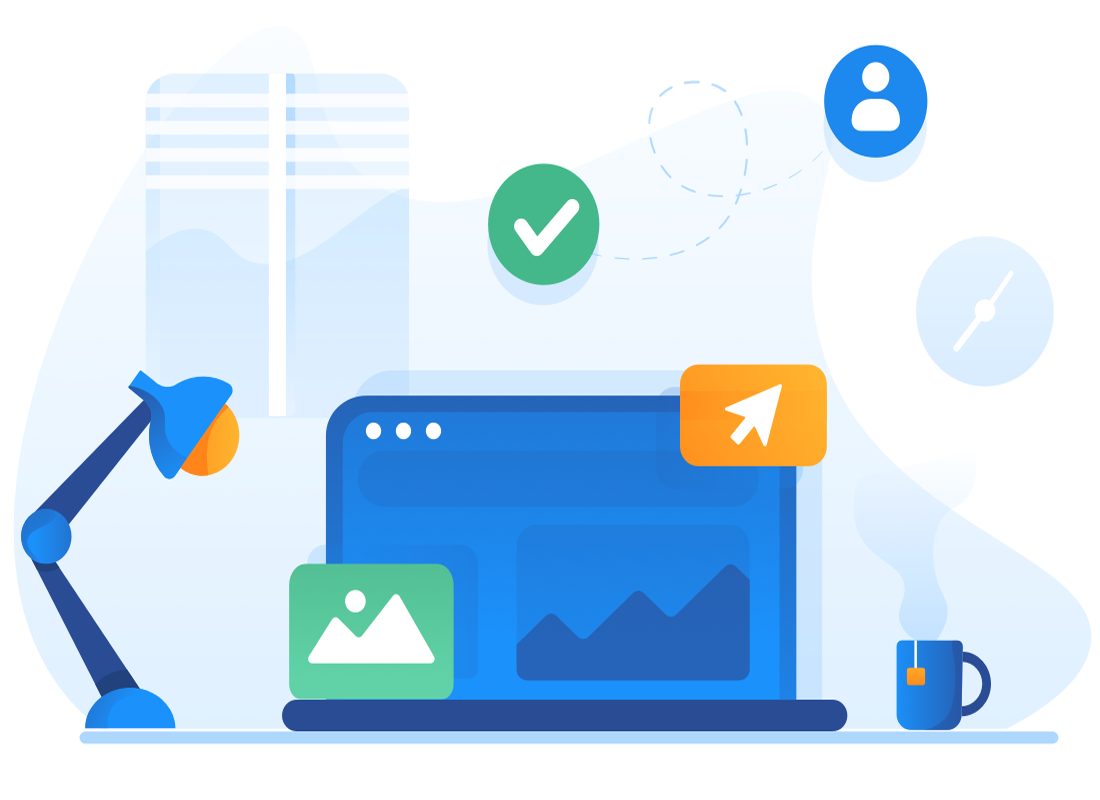 illustration of laptop on table with a table lamp and hot coffe mug besides it